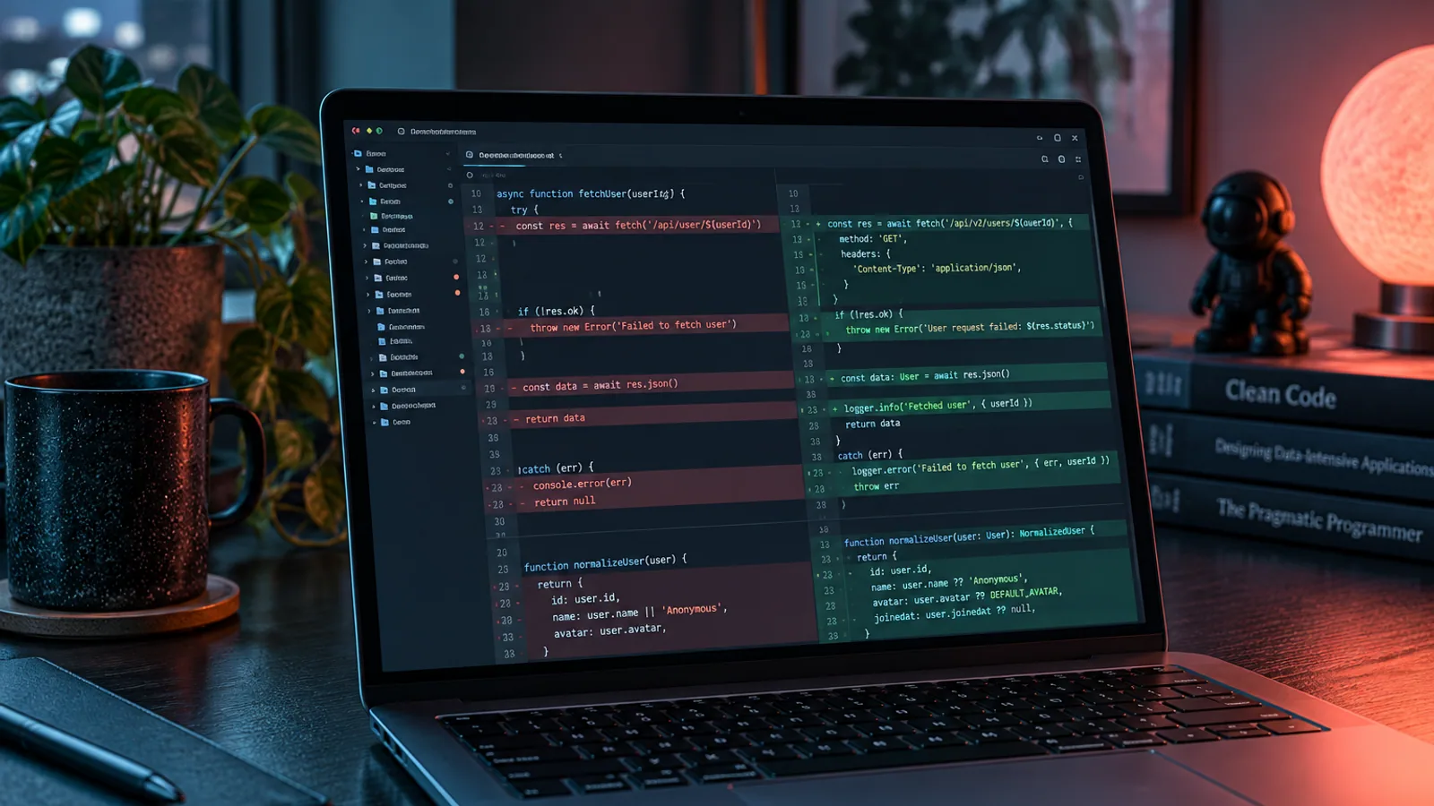 Editorial illustration of a code review on a laptop